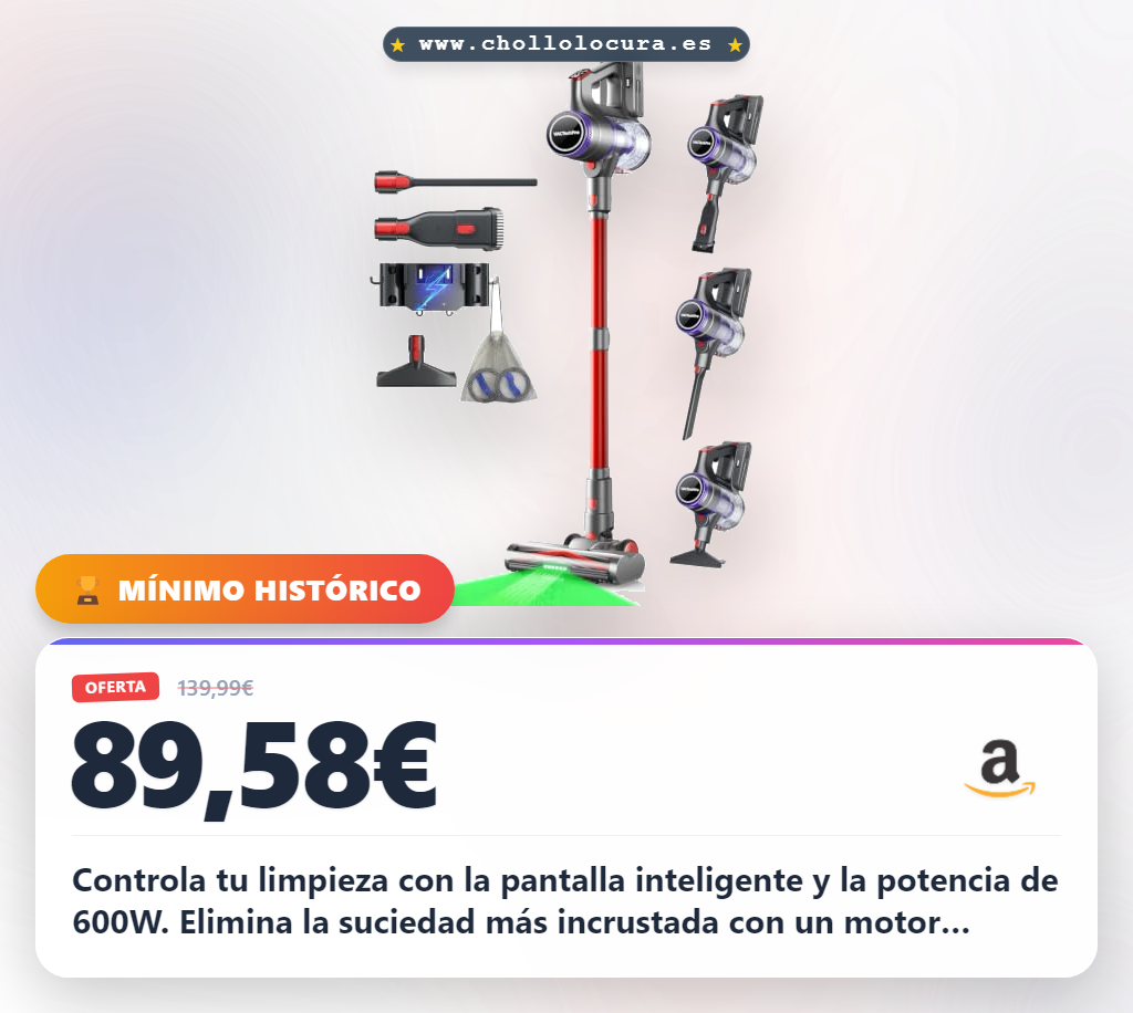 Consigue la aspiradora vertical VACTechPro sin cable con motor 600W y pantalla inteligente. Limpieza potente y silenciosa en oferta.