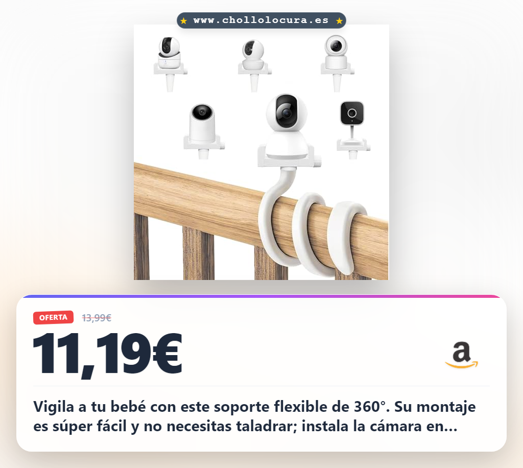 Aprovecha este soporte flexible para monitor de bebé. Ajustable 360°, fácil montaje y portátil a precio de chollo.