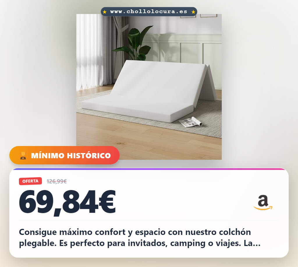 Consigue máximo confort y espacio con nuestro colchón plegable. Es perfecto para invitados, camping o viajes. La espuma de alta densidad te da soporte y la funda es lavable y transpirable. Ideal para todas tus aventuras.