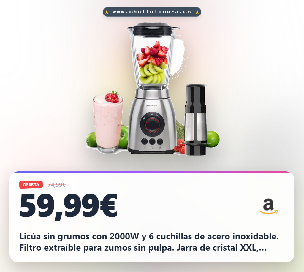 Mellerware - Batidora de Vaso con Filtro Mixy Plus! 2000W | 3 Velocidades + TURBO | Jarra de Vidrio 1.8L | Cuchillas 6 Hojas | Rompehielos | Licuado sin Grumos | Acero INOX | Apto para Lavavajillas