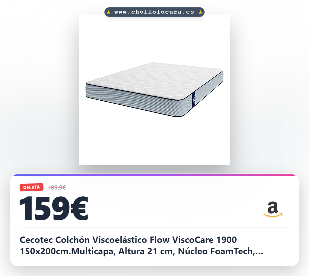 Cecotec Colchón Viscoelástico Flow ViscoCare 1900 150x200cm.Multicapa, Altura 21 cm, Núcleo FoamTech, Firmeza Alta, Capa Viscoelástica ViscoCare, Tejido PureCare, Doble Cara AllPerfect