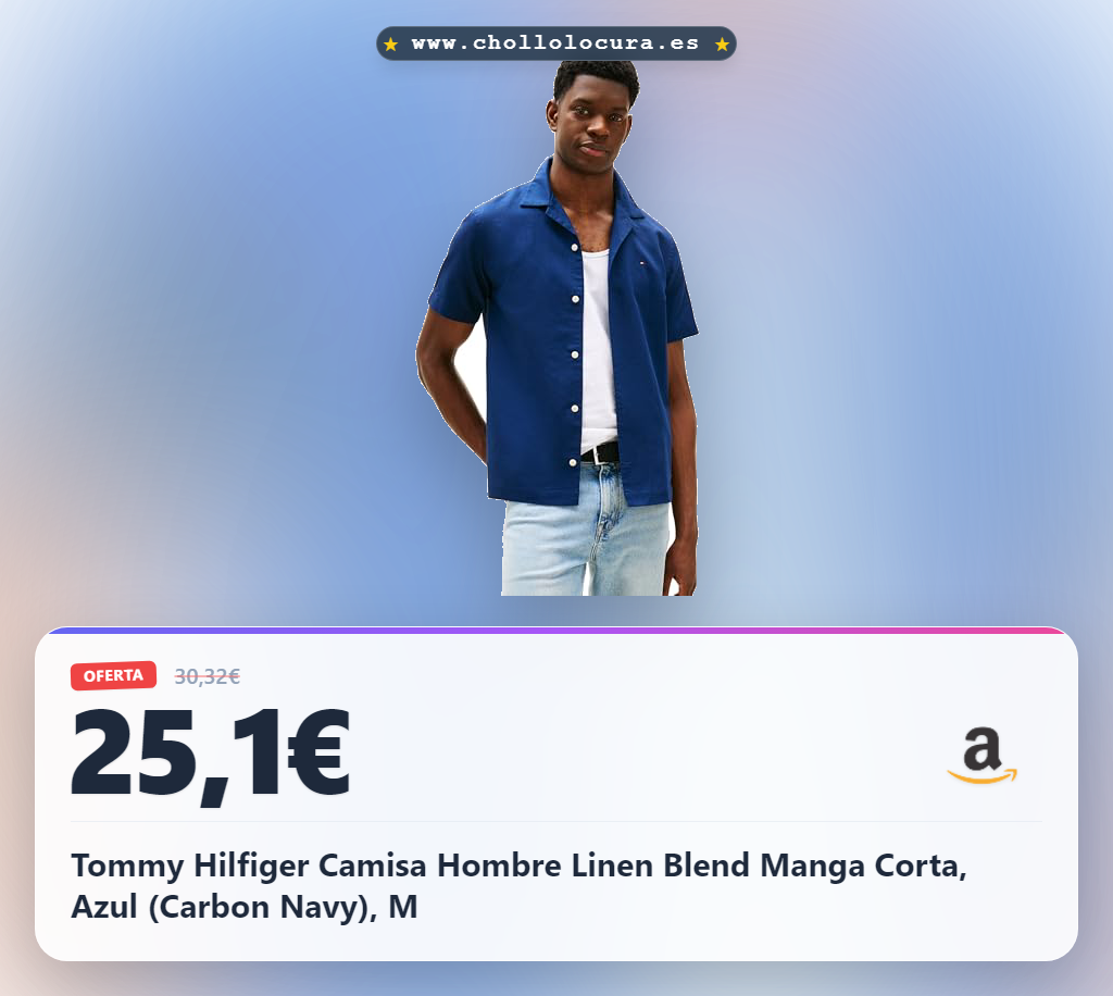 Tommy Hilfiger Camisa Hombre Linen Blend Manga Corta, Azul (Carbon Navy), M