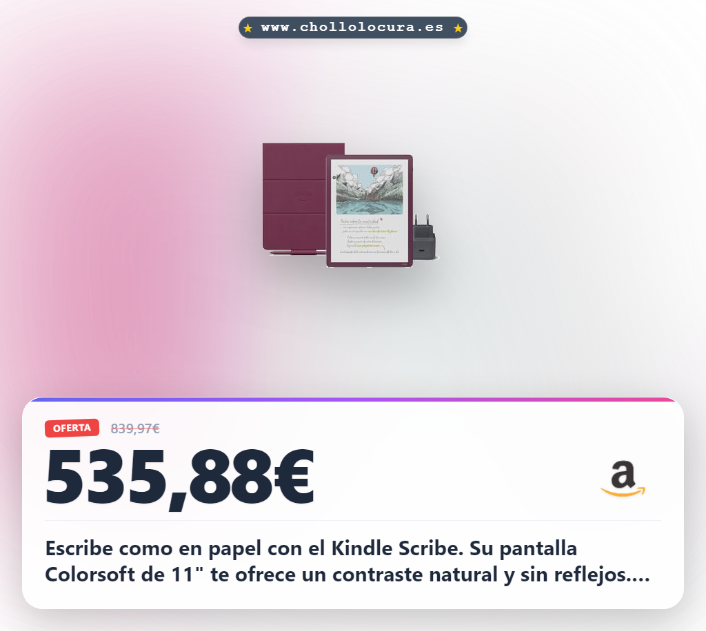 Descubre Kindle Scribe Colorsoft 11" Garnet con lápiz y funda de piel prémium en oferta histórica