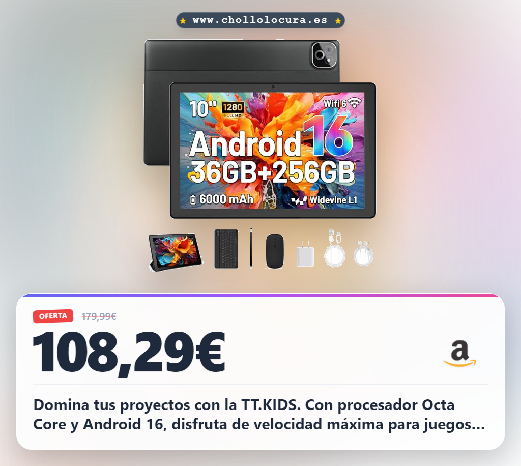 Domina tus proyectos con la TT.KIDS. Con procesador Octa Core y Android 16, disfruta de velocidad máxima para juegos y estudio. Trabaja como un profesional con teclado y stylus. 256GB de espacio y batería de larga duración. Es la tableta 2 en 1 que necesitas. ¡Consíguela hoy!