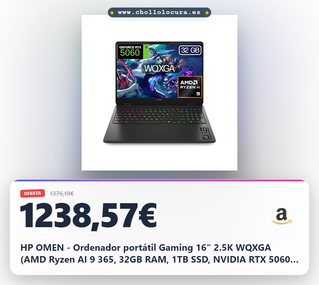 HP OMEN - Ordenador portátil Gaming 16" 2.5K WQXGA (AMD Ryzen AI 9 365, 32GB RAM, 1TB SSD, NVIDIA RTX 5060, FreeDos) Teclado QWERTY Español - Negro