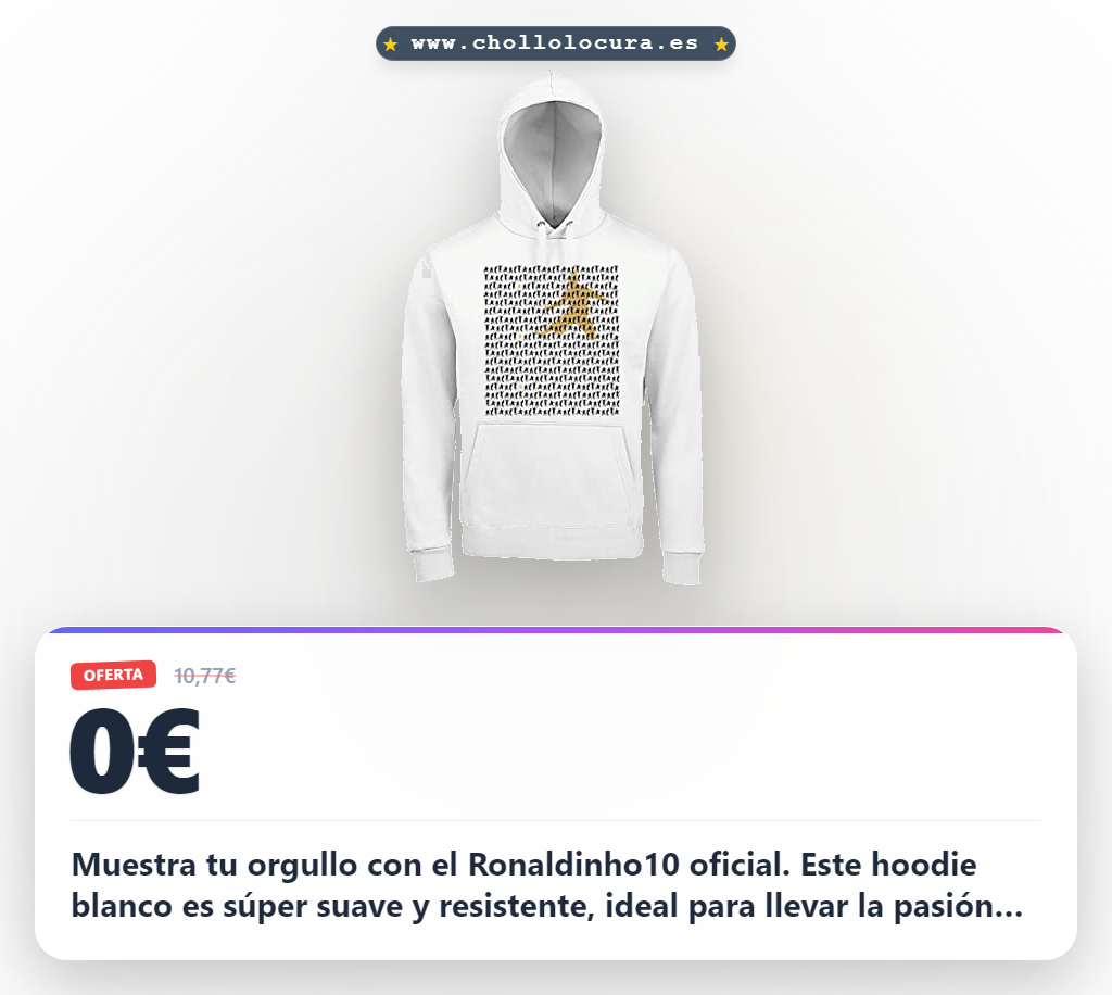 Llévate el hoodie oficial Ronaldinho10 en blanco con capucha y tejido fleece a precio de chollo al mejor valor del mercado al instante.