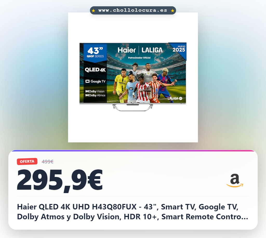 Haier QLED 4K UHD H43Q80FUX - 43", Smart TV, Google TV, Dolby Atmos y Dolby Vision, HDR 10+, Smart Remote Control, Google Assistant, Bluetooth 5.1, DBX TV, HDMI 2.1 x 4, Sin Marcos, 2025