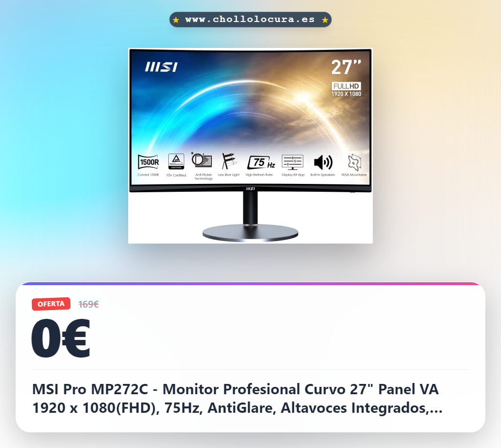 MSI Pro MP272C - Monitor Profesional Curvo 27" Panel VA 1920 x 1080(FHD), 75Hz, AntiGlare, Altavoces Integrados, Ranuras para Accesorios, HDMI, D-Sub, Negro