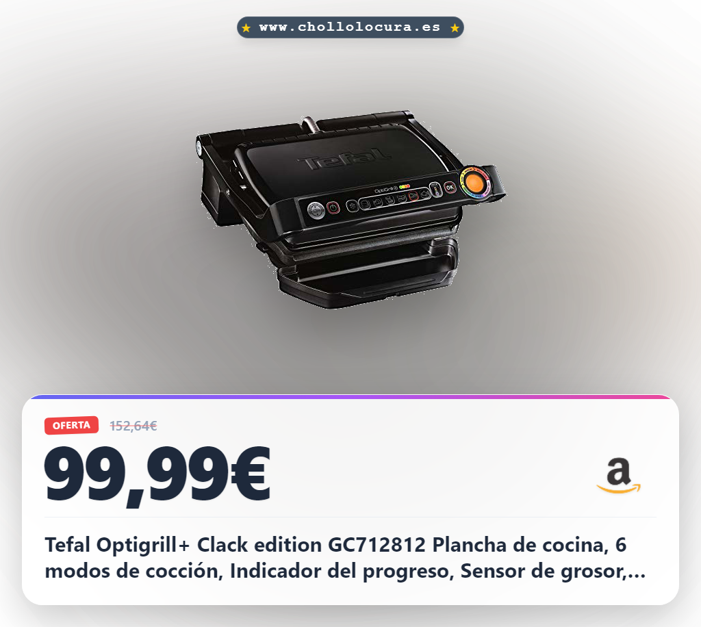 Tefal Optigrill+ Clack edition GC712812 Plancha de cocina, 6 modos de cocción, Indicador del progreso, Sensor de grosor, Bandejas extraíbles, Desmontables y aptas para lavavajillas, 2000 W
