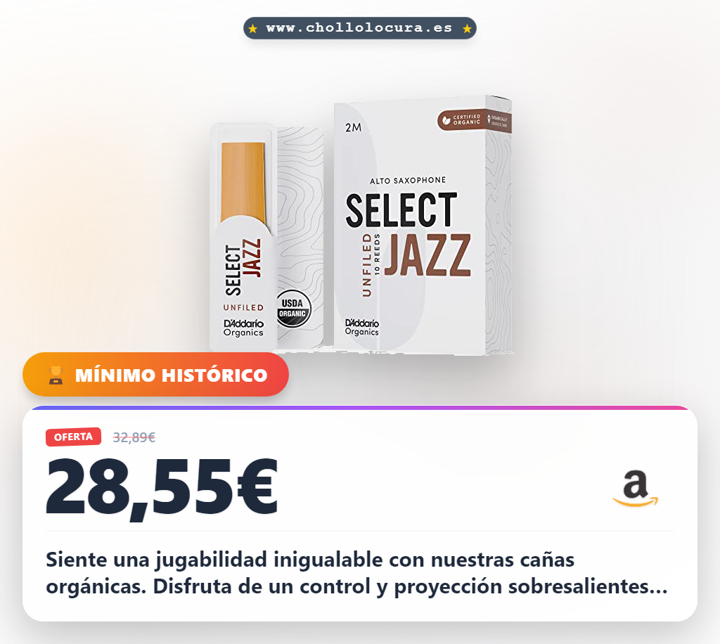Aprovecha las cañas orgánicas D'Addario Select Jazz para saxofón. Obtén control y máxima flexibilidad en este paquete de 5.