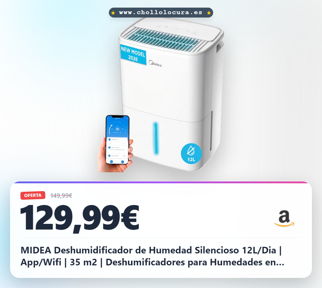 MIDEA Deshumidificador de Humedad Silencioso 12L/Dia | App/Wifi | 35 m2 | Deshumificadores para Humedades en Habitación con Depósito Extraible - Deshumificador Electrico Pequeño Bajo Consumo 300W