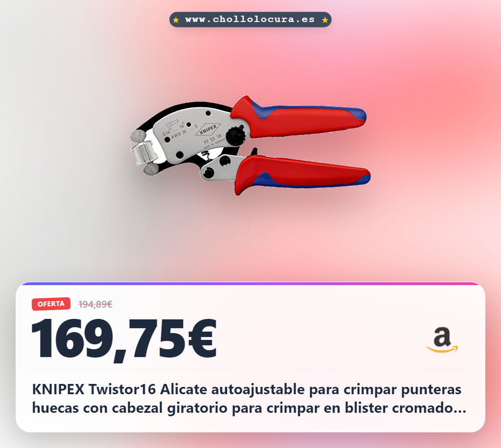 KNIPEX Twistor16 Alicate autoajustable para crimpar punteras huecas con cabezal giratorio para crimpar en blister cromado con mangos, 97 53 18 SB