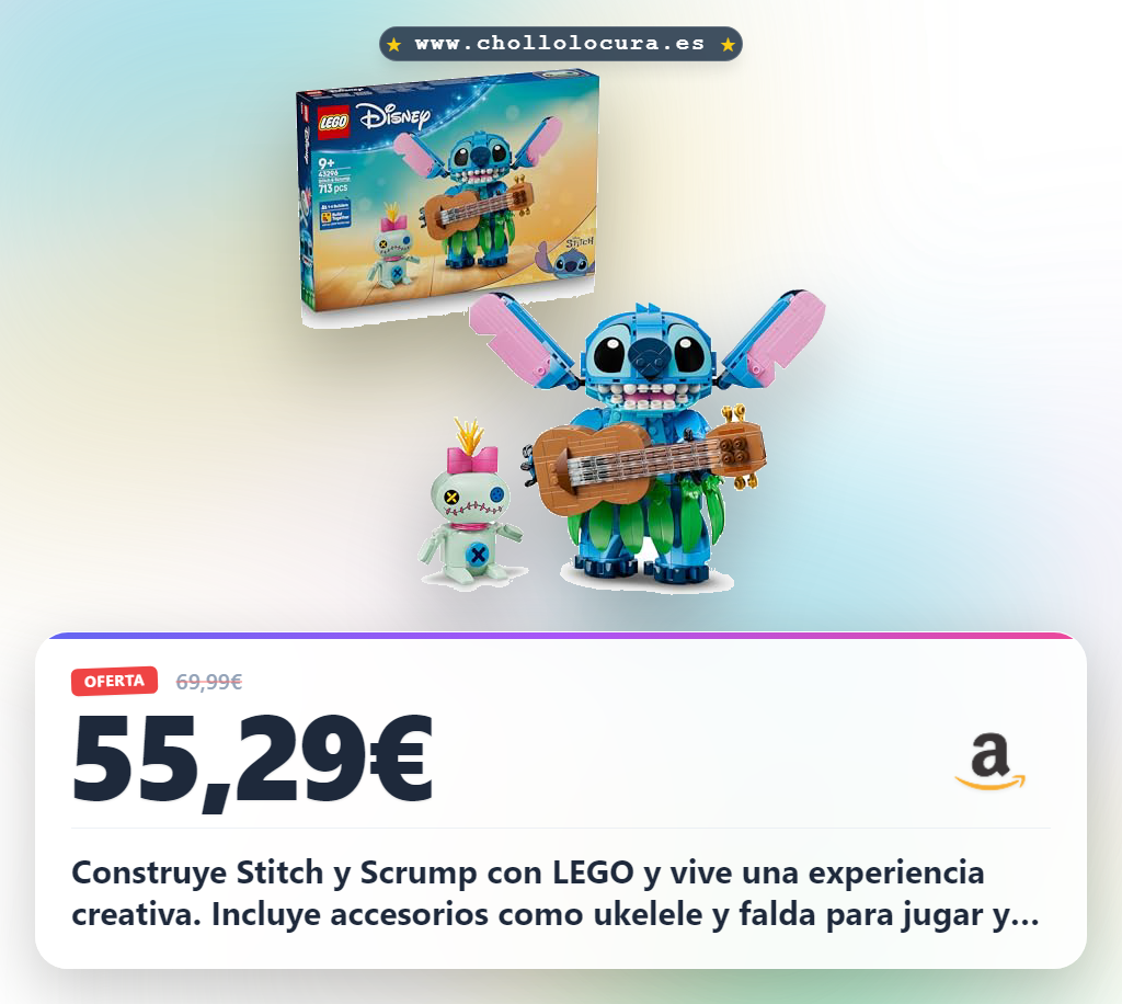 Construye Stitch y Scrump con LEGO y vive una experiencia creativa. Incluye accesorios como ukelele y falda para jugar y crear historias divertidas. Decora tu habitación con estas figuras articuladas y colecciona tus personajes favoritos. El regalo perfecto para fans de Disney.