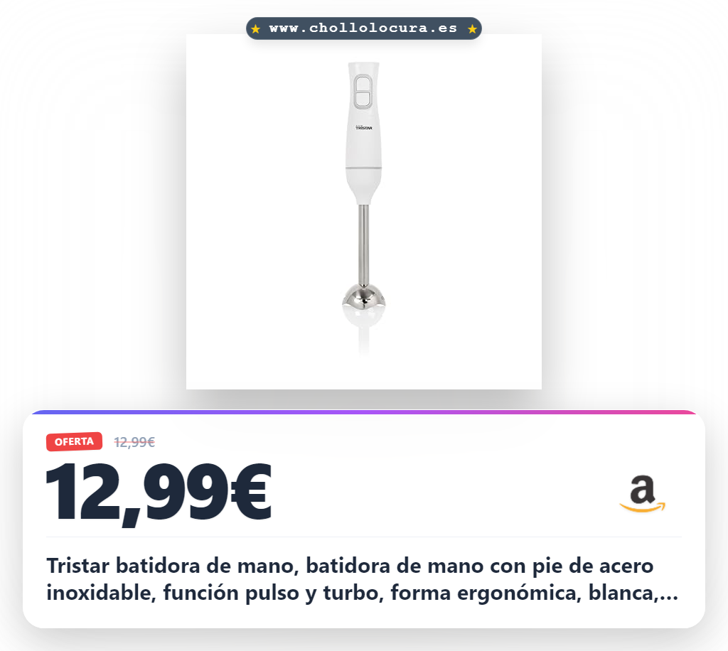 Tristar batidora de mano, batidora de mano con pie de acero inoxidable, función pulso y turbo, forma ergonómica, blanca, MX-4880