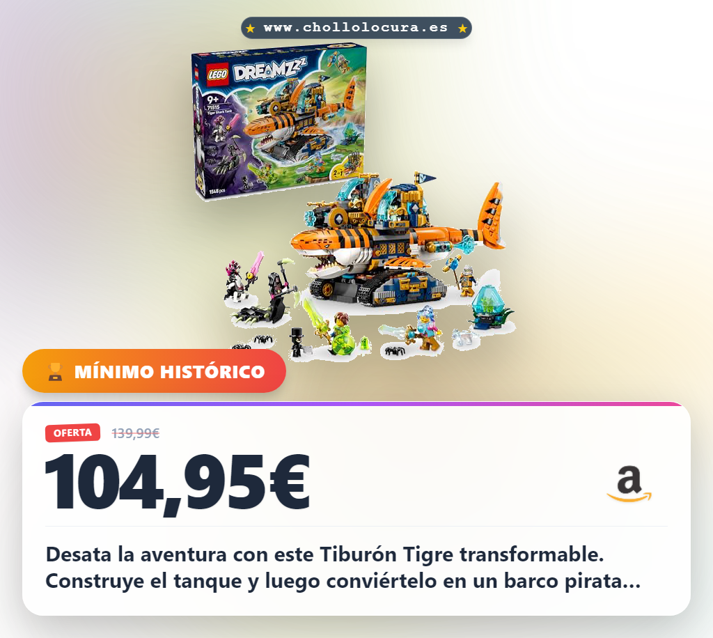 Desata la aventura con este Tiburón Tigre transformable. Construye el tanque y luego conviértelo en un barco pirata lleno de tesoros. Juega con 5 minifiguras y deja volar la imaginación de tu peque.