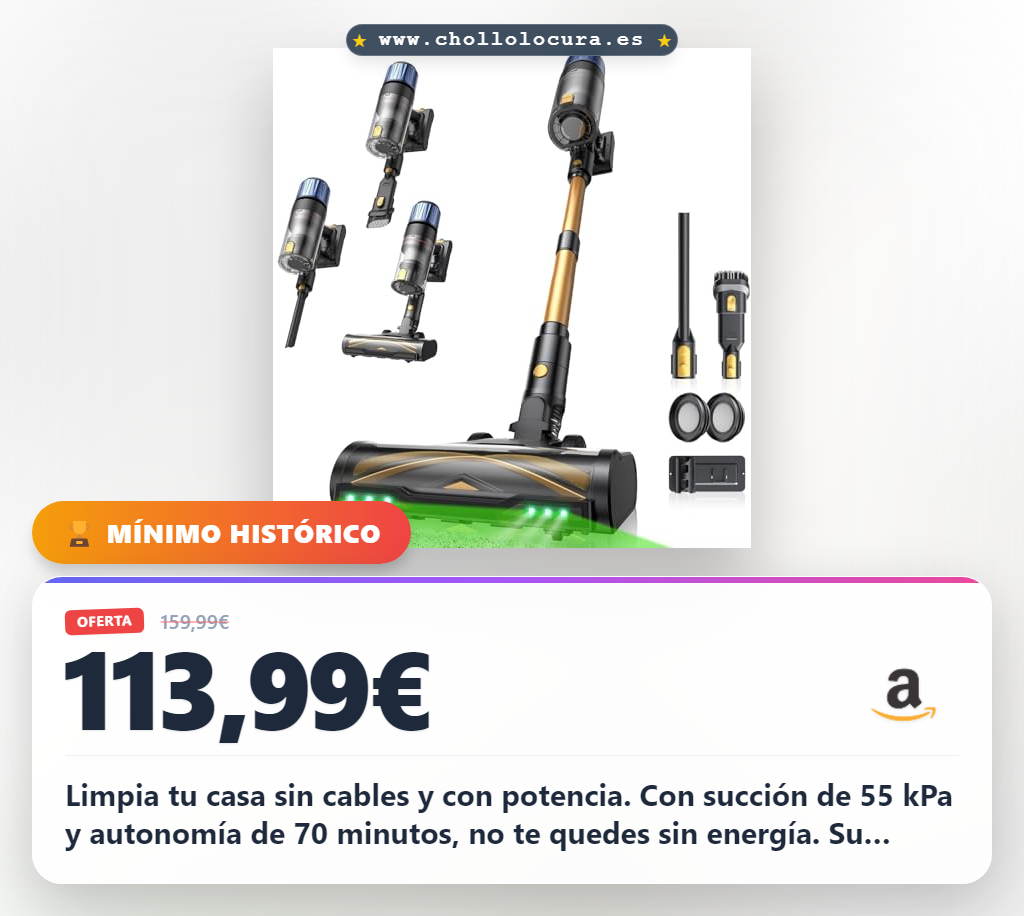 Aprovecha la aspiradora sin cable Proscenic 55 kPa con 70 min de autonomía. Autoportante y potente a precio de chollo