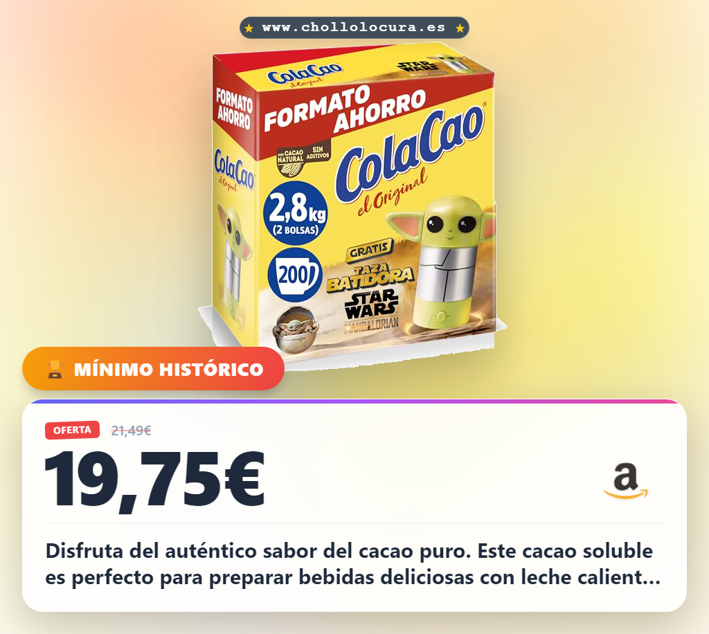 Aprovecha el cacao soluble natural sin aditivos 2,8kg con taza Star Wars en oferta histórica