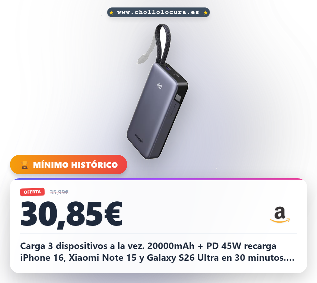 UGREEN Nexode 55W Power Bank 20000mAh CCC Batería Externa Carga Rápida Cable USB C Integrado PD 45W Cargador Portátil PC LED Compatible con Xiaomi Note 15 14 13 Poco M8 M7 iPhone 17 16 Galaxy S26 S25