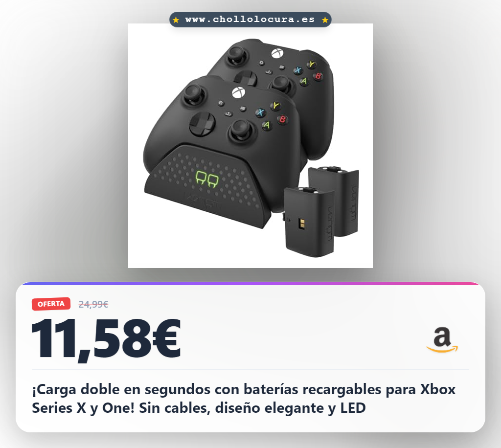 ¡Carga doble en segundos con baterías recargables para Xbox Series X y One! Sin cables, diseño elegante y LED