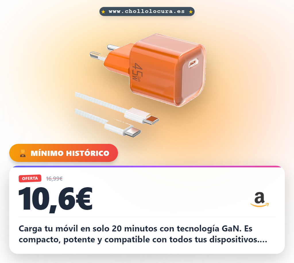 Aprovecha este cargador USB C 45W GaN compatible con PD3.0 y QC4 en oferta histórica. Carga rápida y compacto.