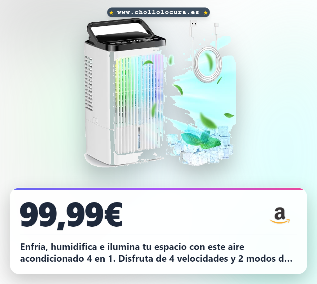 Aprovecha este aire acondicionado portátil 4 en 1 con nebulización y 7 colores LED. Ideal para camping y oficina.
