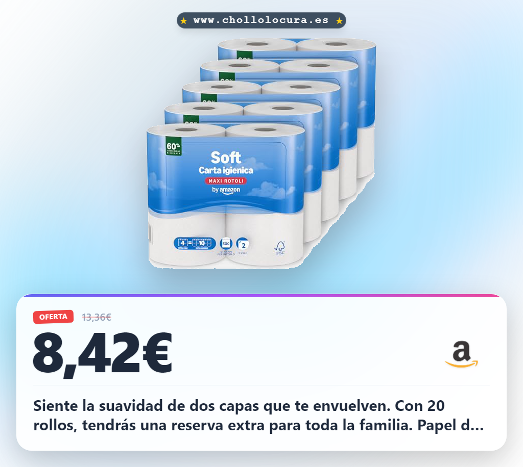 Aprovecha este papel higiénico de 20 rollos con 500 hojas y 2 capas suaves a precio de chollo a mejor oferta del año.