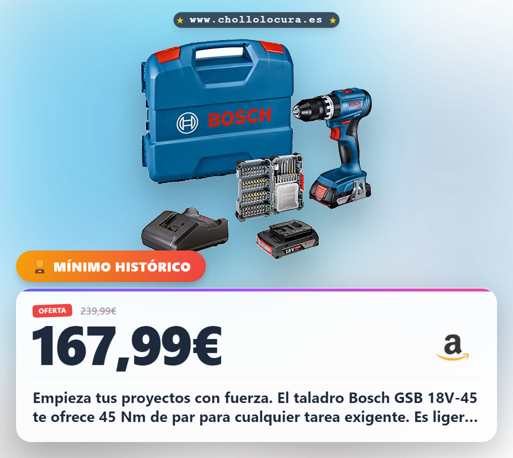 Consigue el taladro percutor Bosch 18V System GSB 18V-45 con motor Brushless y 2 baterías.