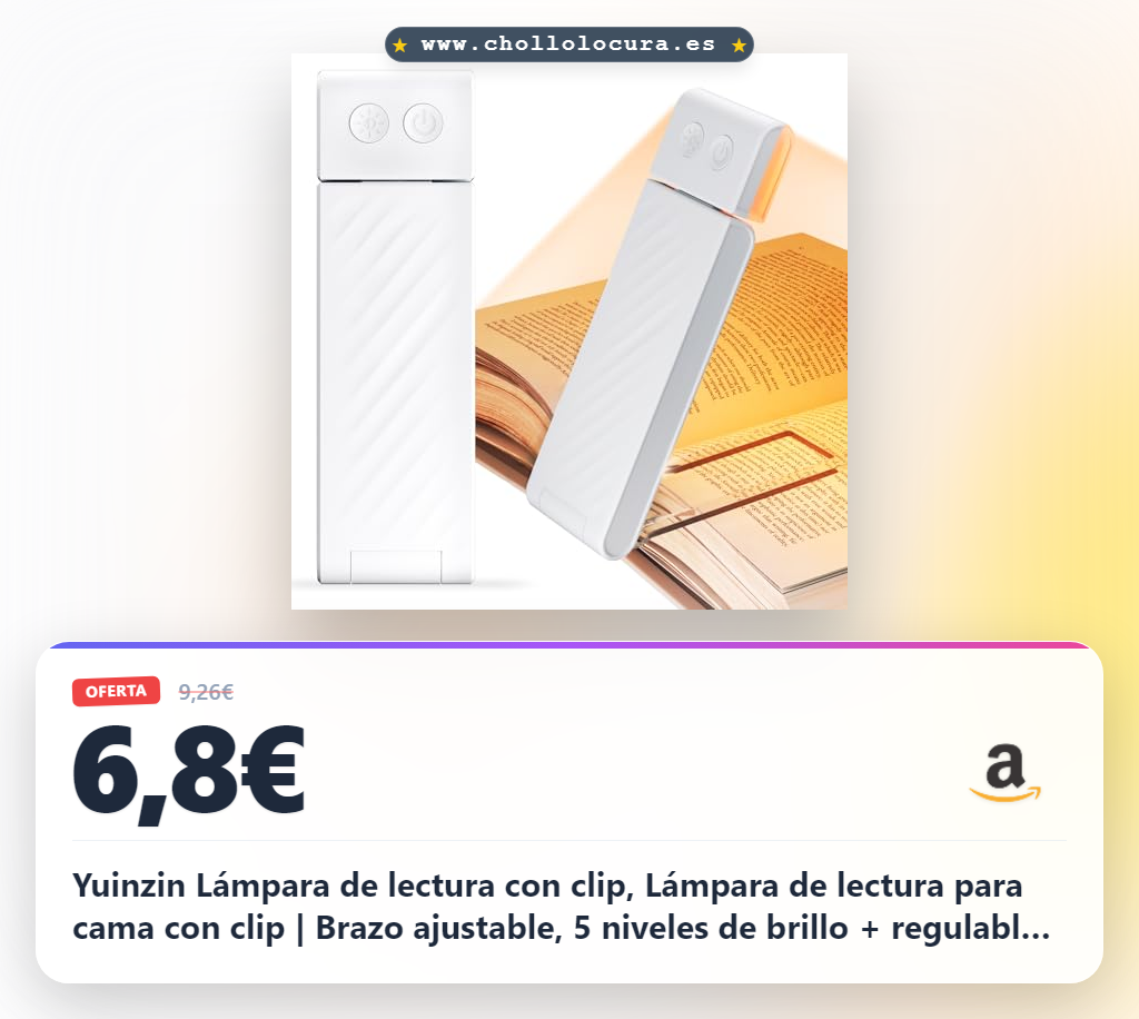 Yuinzin Lámpara de lectura con clip, Lámpara de lectura para cama con clip | Brazo ajustable, 5 niveles de brillo + regulable, 3 temperaturas de color (1800K–6000K), batería 500 mAh USB-C