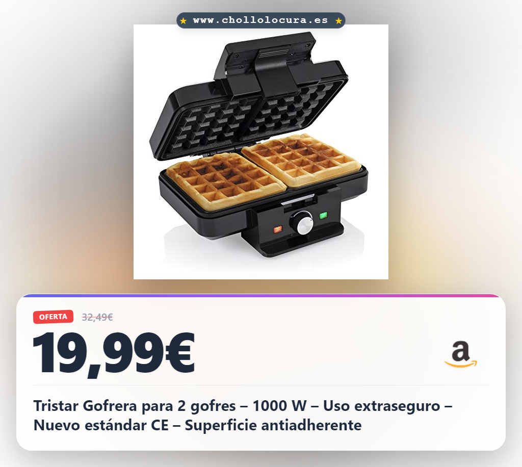 Tristar Gofrera para 2 gofres – 1000 W – Uso extraseguro – Nuevo estándar CE – Superficie antiadherente
