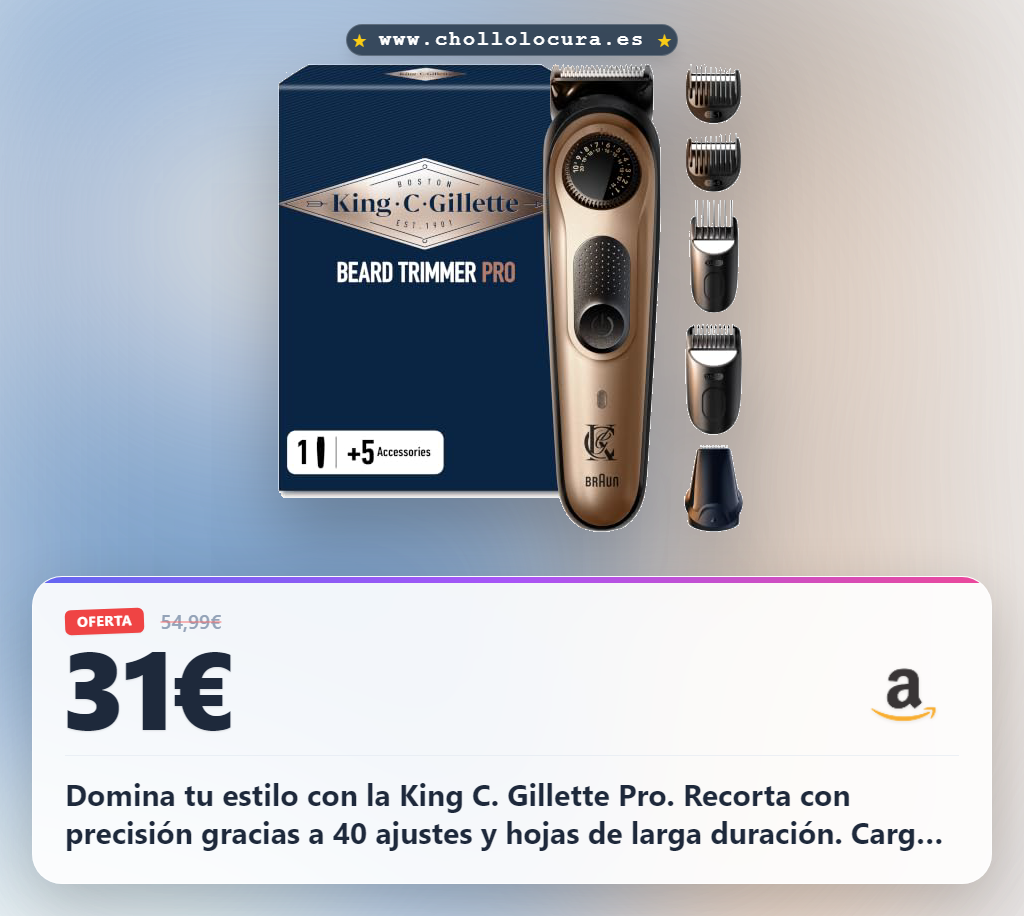 Aprovecha la recortadora de barba King C. Gillette Pro con 40 ajustes de precisión y 3 accesorios a precio de chollo