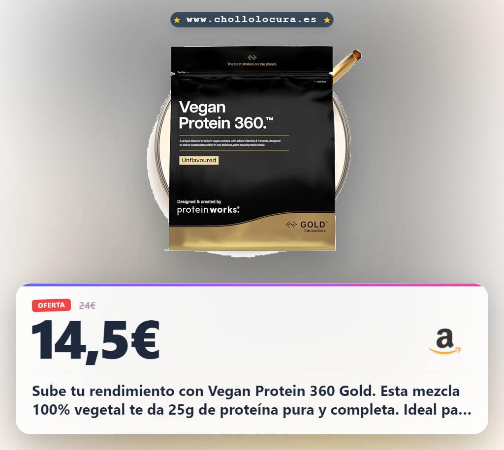 Aprovecha la proteína vegana 360 Gold 1 kg. Consigue una mezcla premium de soja y guisante con alto contenido proteico y bajo azúcar.
