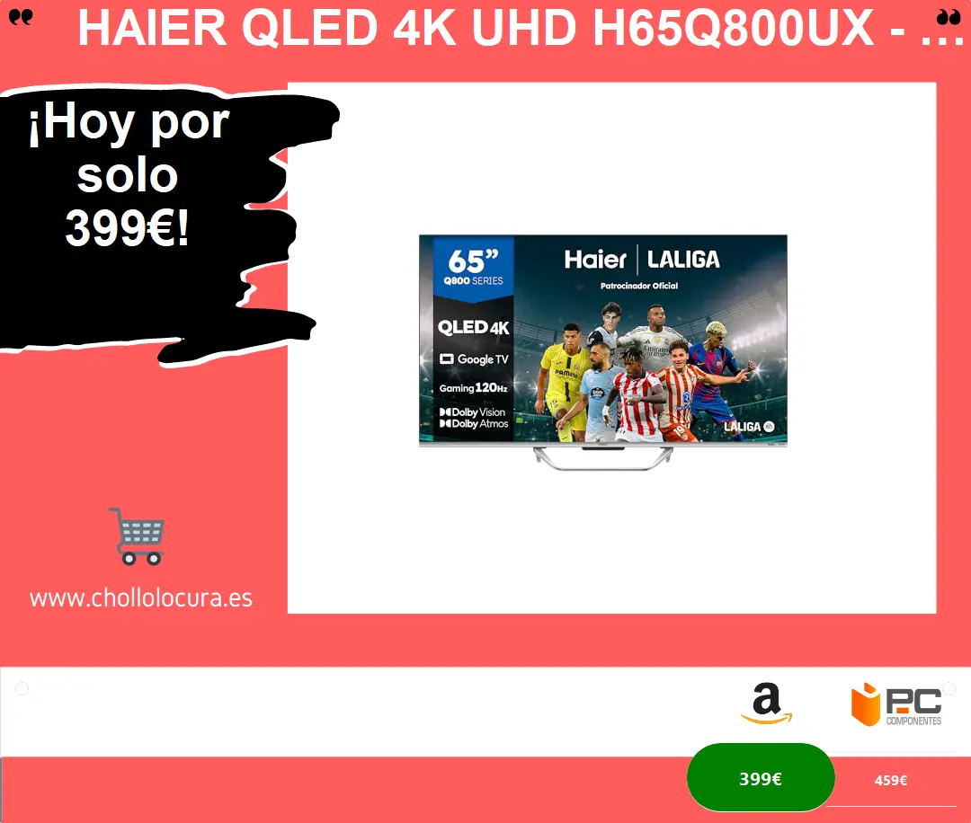 Haier QLED 4K UHD H65Q800UX - 65", Smart TV, Google TV, Dolby Atmos y Dolby Vision, HDR 10, Smart Remote Control, Google Assistant, Bluetooth 5.1, DBX TV, HDMI 2.1 x 4, Sin Marcos, 2023