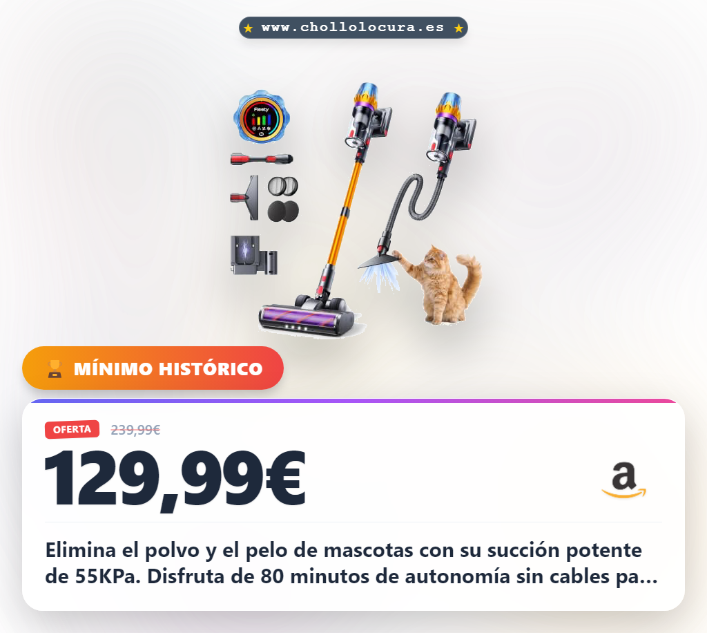 Consigue la aspiradora sin cable Fieety 650W. 80 minutos de autonomía, modo auto y cepillo anti-enredo.