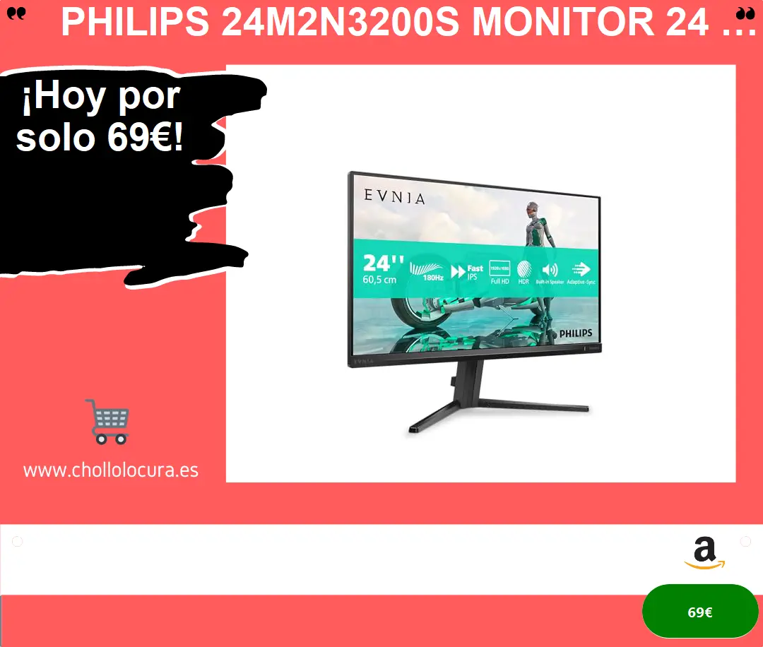 Philips 24M2N3200S Monitor 24 Pulgadas FHD, 180Hz, Fast IPS 1 ms GtG, Adaptive Sync., HDR10, G-Sync Compat., Altavoces (1920x1080, 2X HDMI 2.0, 1x DP 1.4), Gris Oscuro