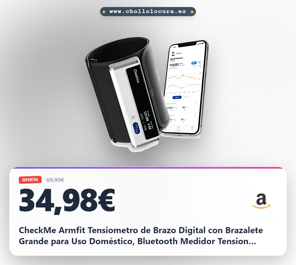 CheckMe Armfit Tensiometro de Brazo Digital con Brazalete Grande para Uso Doméstico, Bluetooth Medidor Tension Arterial Inalámbrico Portátil, APP Gratuita para iOS y Android