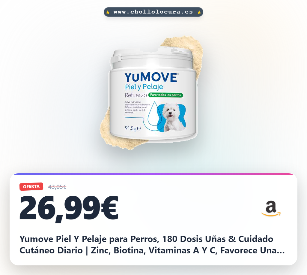 Yumove Piel Y Pelaje para Perros, 180 Dosis Uñas & Cuidado Cutáneo Diario | Zinc, Biotina, Vitaminas A Y C, Favorece Una Piel Y Un Pelaje Saludables, Espolvorear Sobre La Comida, Ingredientes Naturales