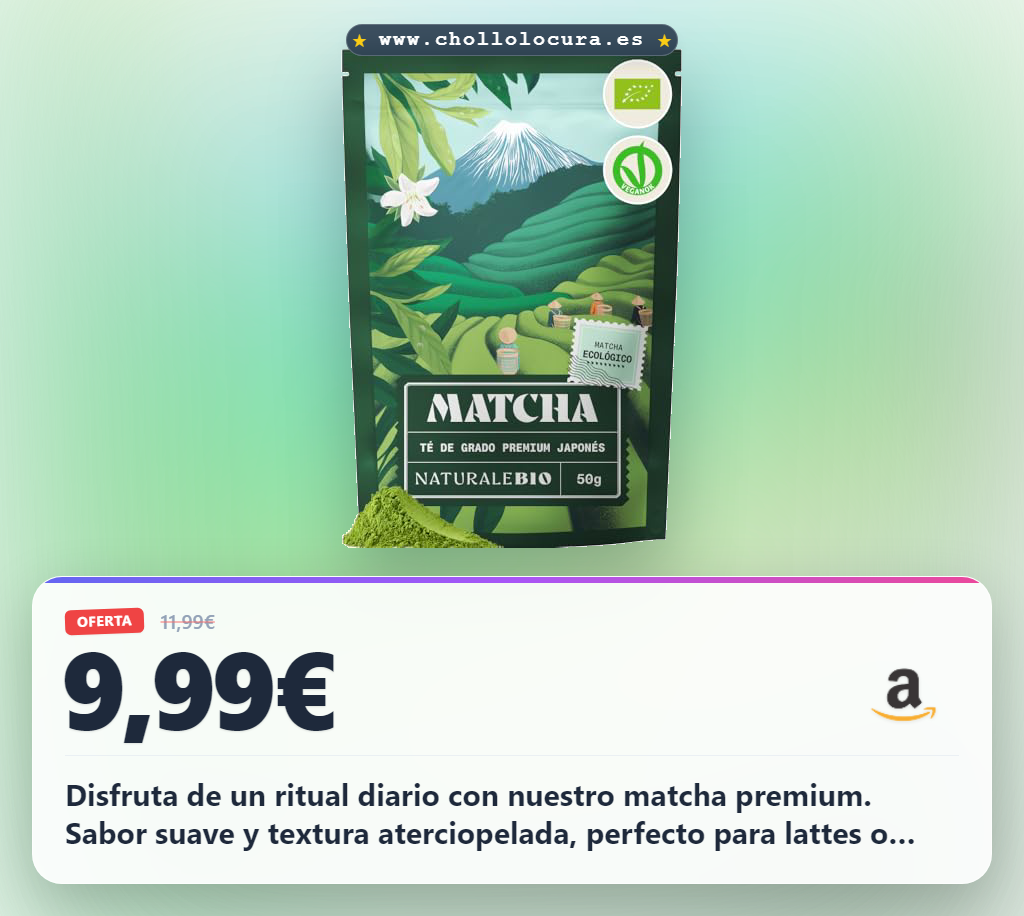 Disfruta del Matcha Japonés Premium Bio en polvo L-Teanina. Energía suave y ritual diario a precio de chollo.