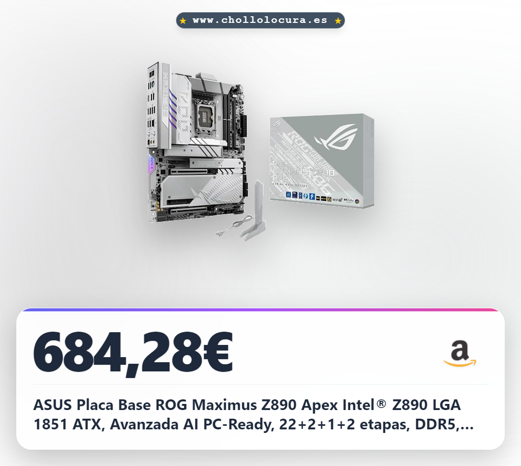 ASUS Placa Base ROG Maximus Z890 Apex Intel® Z890 LGA 1851 ATX, Avanzada AI PC-Ready, 22+2+1+2 etapas, DDR5, WiFi 7, 5G LAN, 3X PCIe® 5.0 M.2, Thunderbolt™ 4, USB Type-C®, AI OC, refrigeración y Red