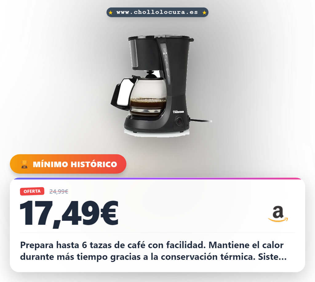 Aprovecha la cafetera Tristar 750 ml para 6 tazas con sistema antigoteo y calor en oferta histórica