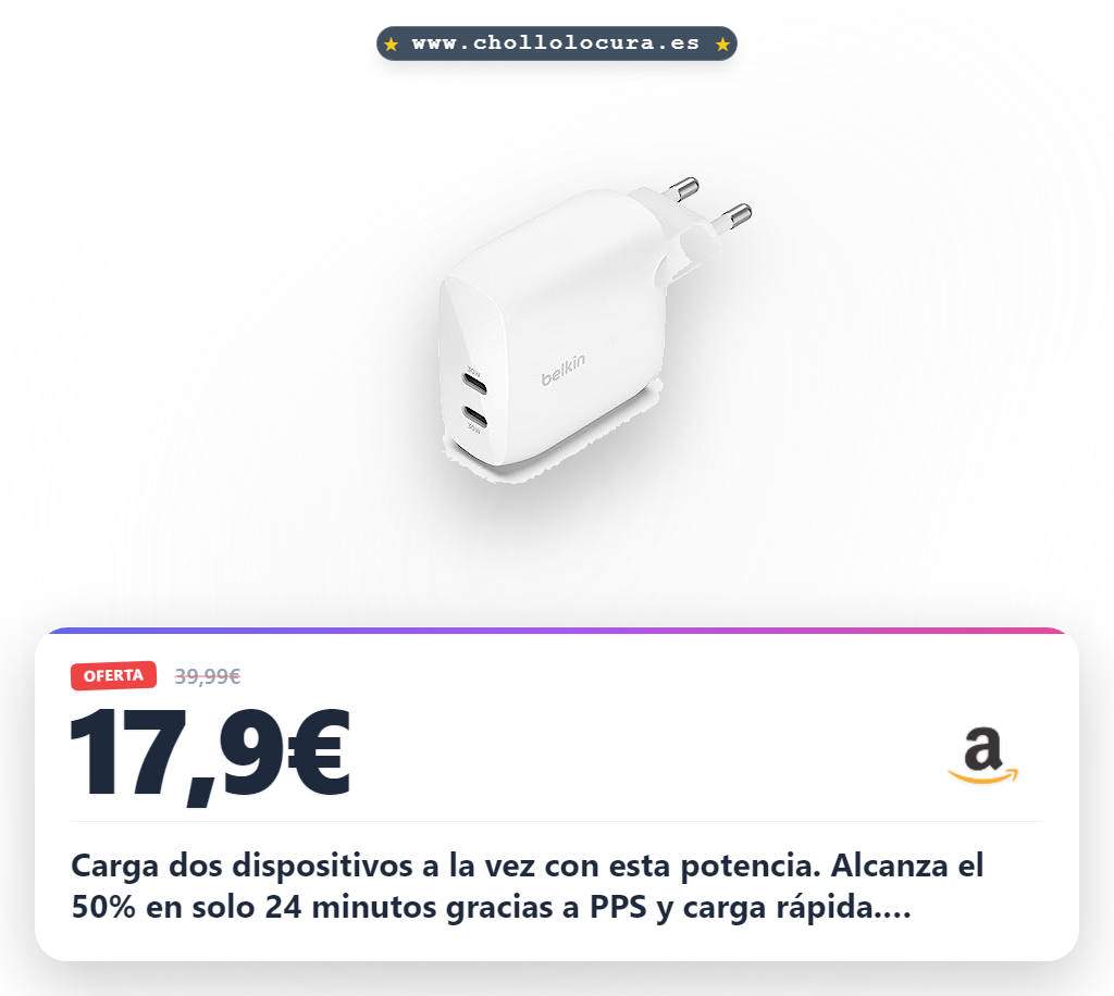 Carga dos dispositivos a la vez con esta potencia. Alcanza el 50% en solo 24 minutos gracias a PPS y carga rápida. Compatible con iPhone, Samsung y Google. Un cargador ligero, duradero y con 2 años de garantía para toda tu tranquilidad.