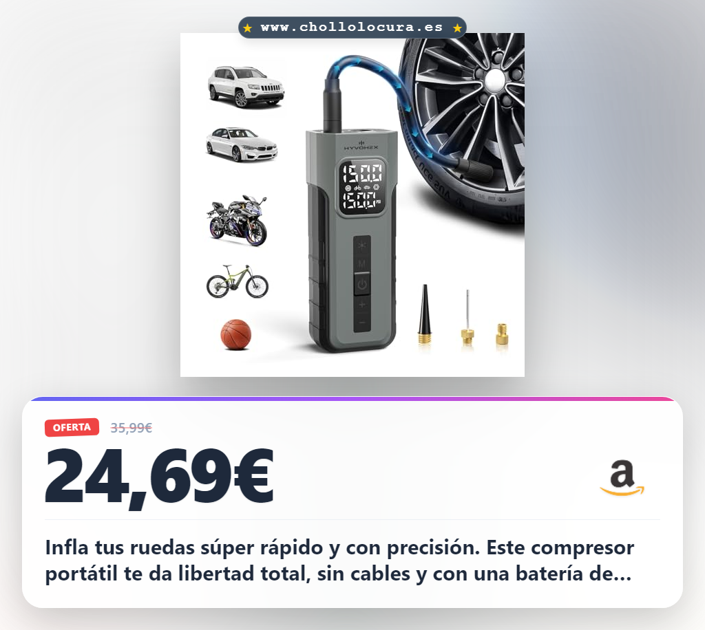 Aprovecha este compresor de aire portátil HYVOHEX 4000mAh para inflar ruedas de coche y balones a 10.34 Bar en oferta