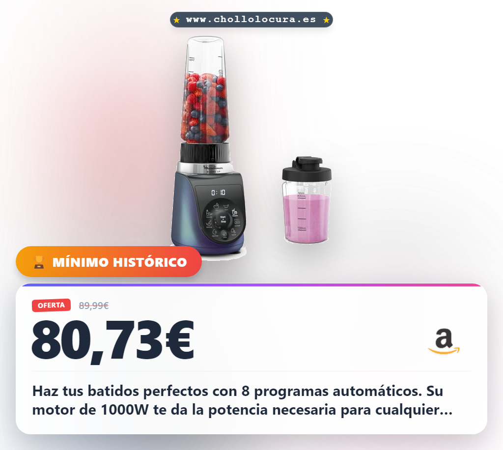 Disfruta de la Moulinex Blend Up 1000W con 8 programas para batidos y hielo al mejor precio de oferta histórica al instante en casa.