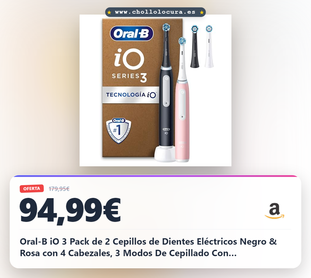 Oral-B iO 3 Pack de 2 Cepillos de Dientes Eléctricos Negro & Rosa con 4 Cabezales, 3 Modos De Cepillado Con Blanqueamiento Dental y Sensor De Presión, Diseñado por Braun