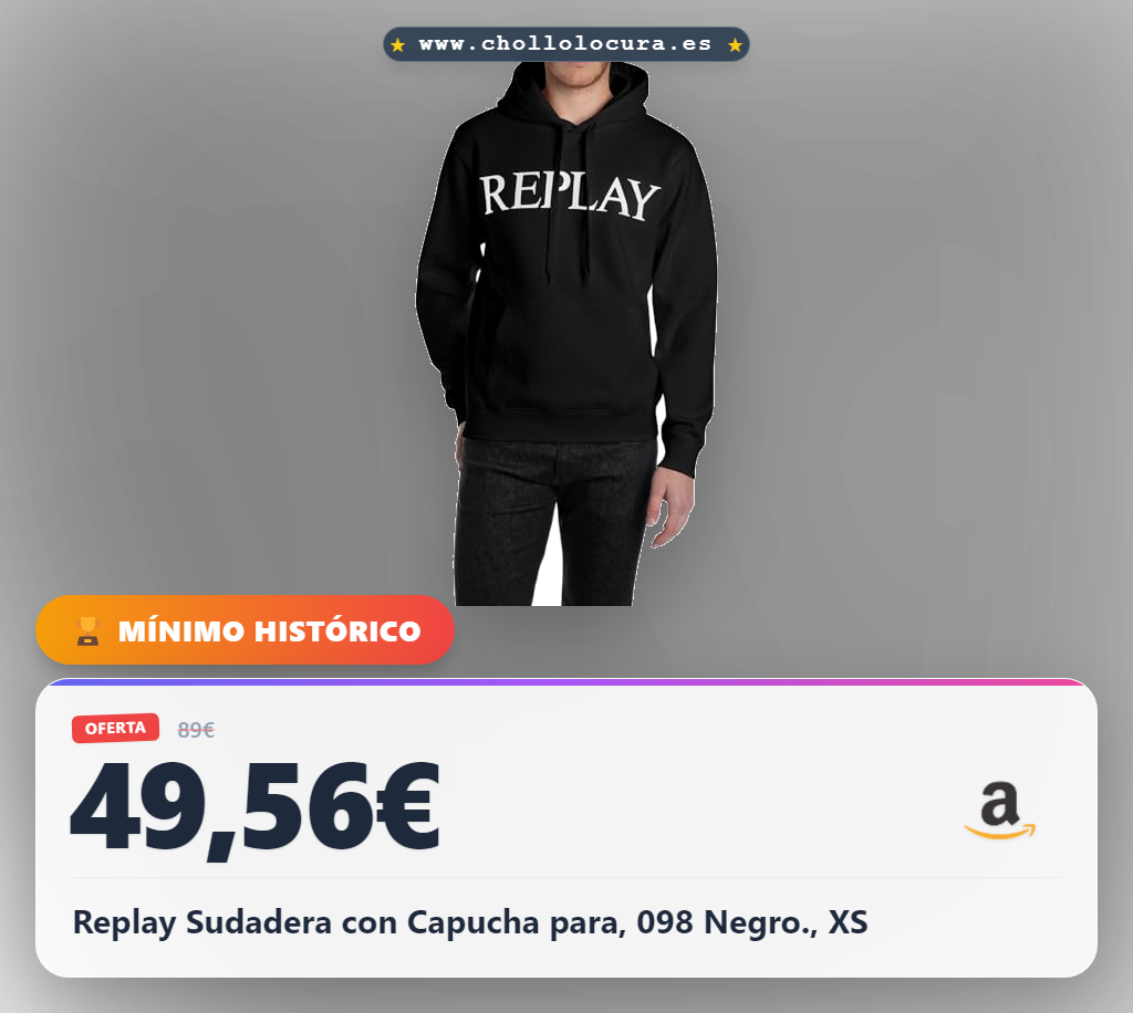 Aprovecha la Sudadera con Capucha Replay en negro, hecha con poliéster reciclado y diseño sostenible a precio de chollo.