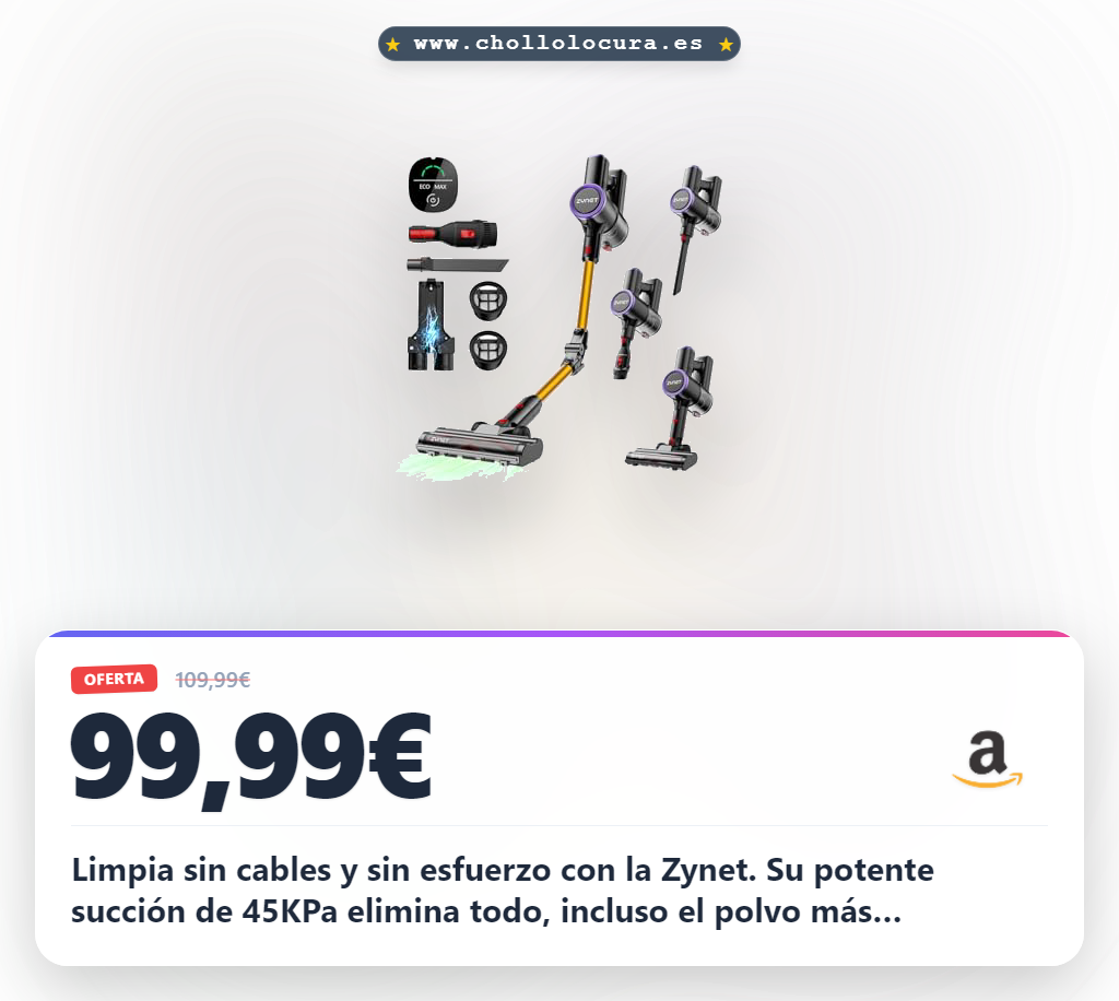 Descubre la Aspiradora Sin Cable Zynet 550W: Potencia 45KPa y filtración HEPA al mejor precio.