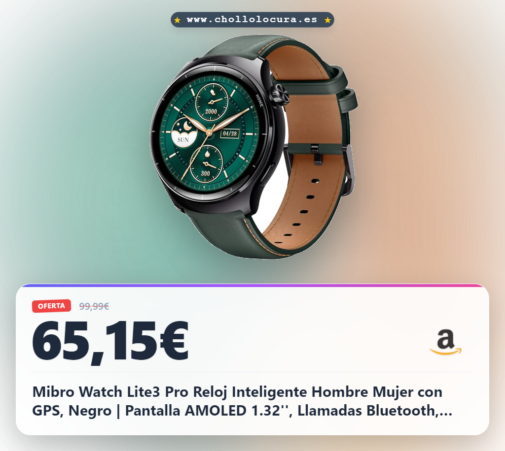 Mibro Watch Lite3 Pro Reloj Inteligente Hombre Mujer con GPS, Negro | Pantalla AMOLED 1.32'', Llamadas Bluetooth, Impermeable 5ATM, AOD, Pulsómetro, SpO2, Monitor Sueño, para iOS Android