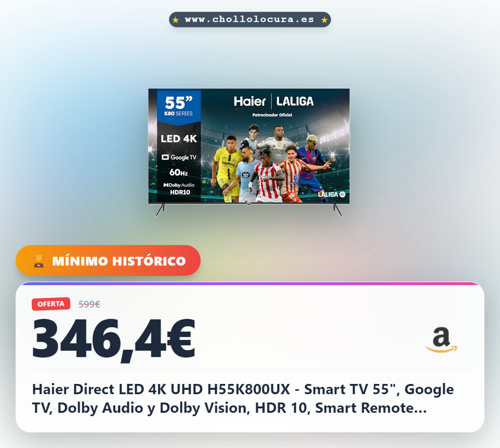 Haier Direct LED 4K UHD H55K800UX - Smart TV 55", Google TV, Dolby Audio y Dolby Vision, HDR 10, Smart Remote Control, Google Assistant, Bluetooth 5.1, DBX TV, HDMI 2.1 x 4, Sin Marcos, 2024