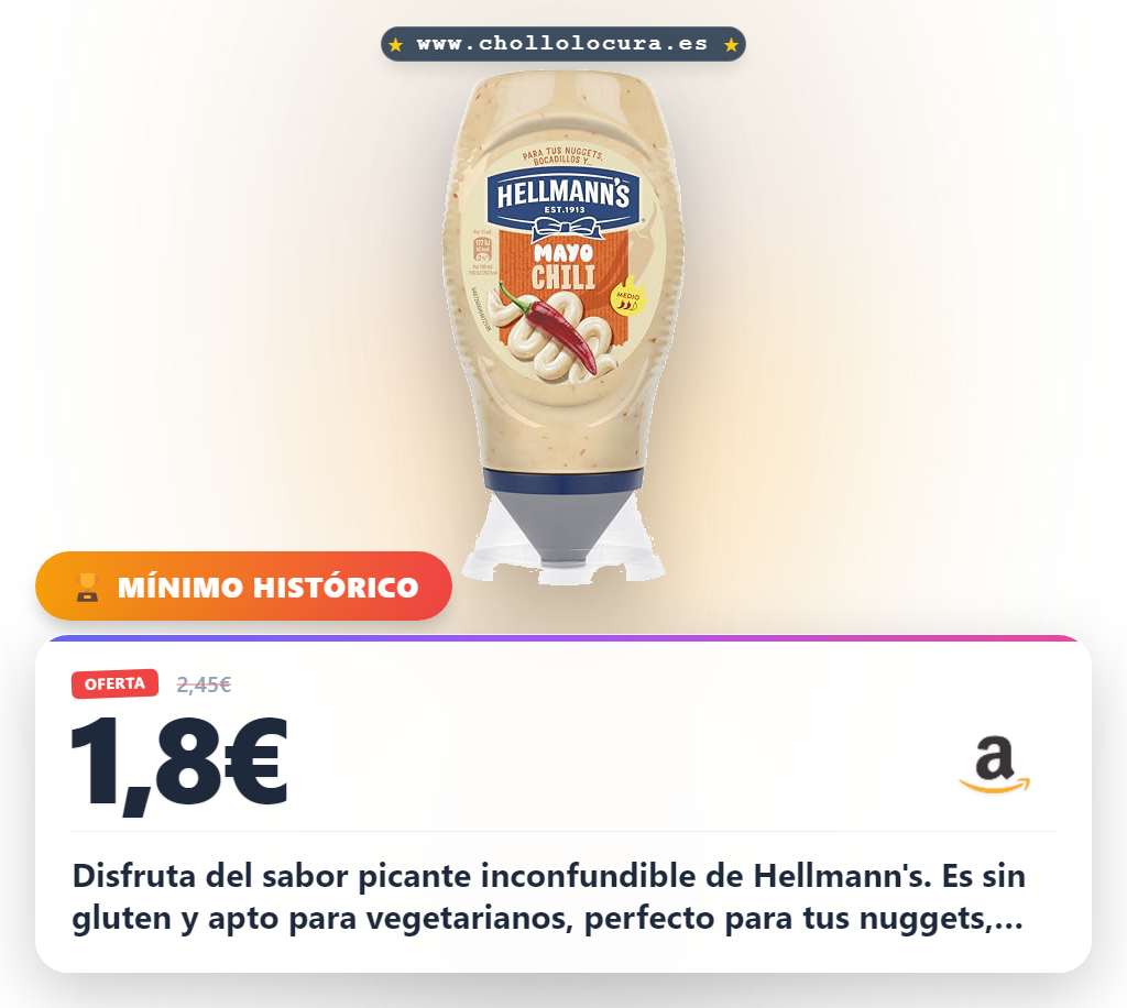 Consigue el Hellmann's Mayo Chili Sin Gluten Bocabajo en oferta histórica para disfrutar.