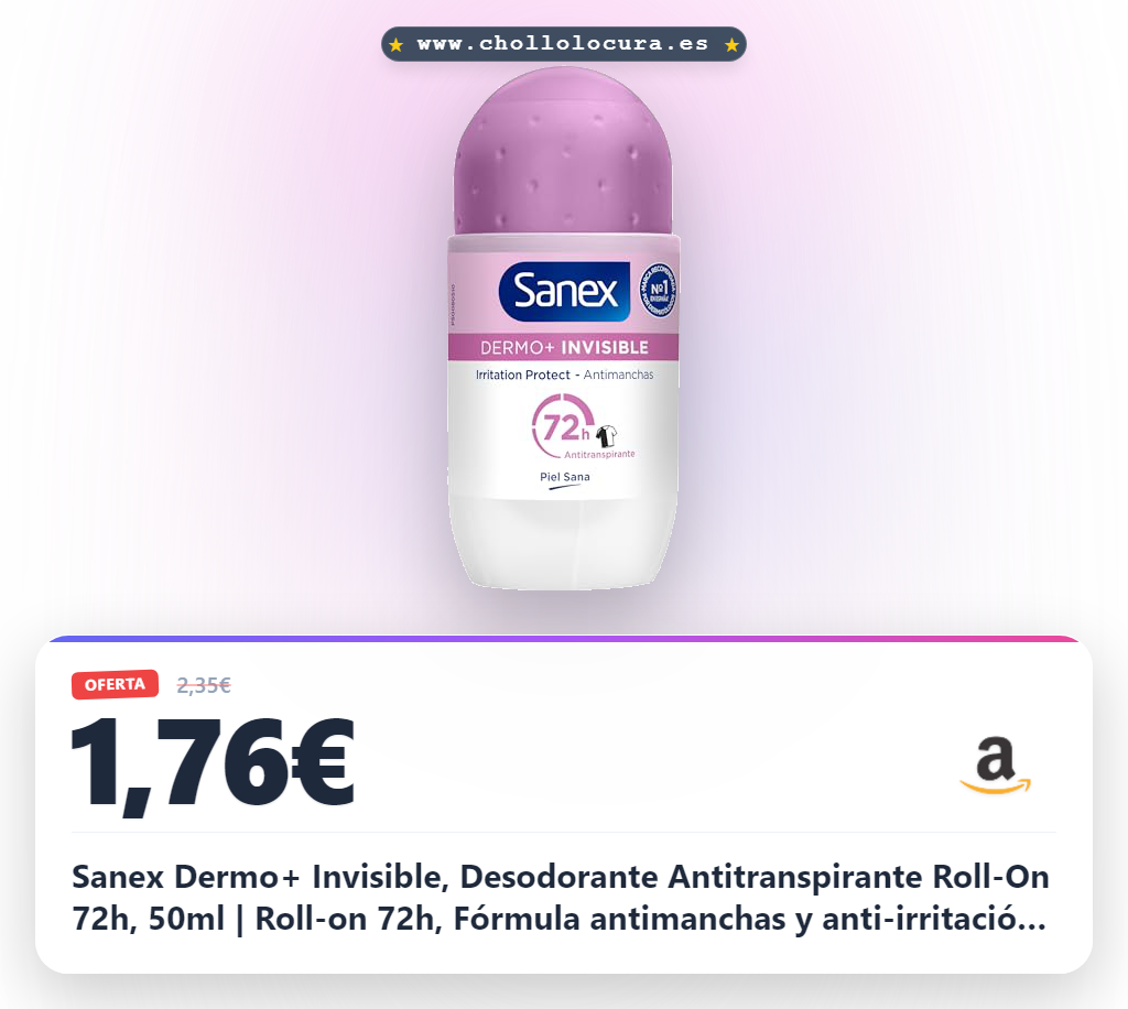 Sanex Dermo+ Invisible, Desodorante Antitranspirante Roll-On 72h, 50ml | Roll-on 72h, Fórmula antimanchas y anti-irritación, 0% Alcohol, Testado dermatológicamente