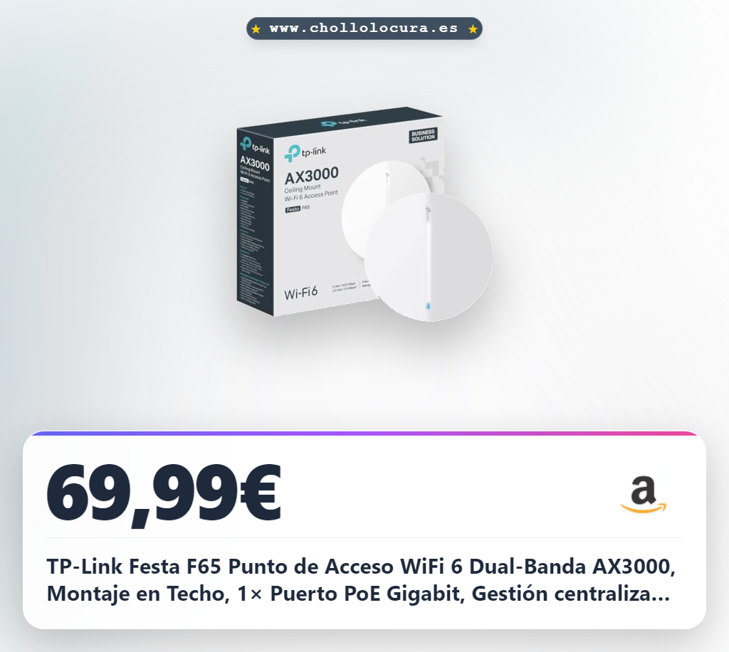 TP-Link Festa F65 Punto de Acceso WiFi 6 Dual-Banda AX3000, Montaje en Techo, 1× Puerto PoE Gigabit, Gestión centralizada en la Nube Gratuita, Configuración y Uso fáciles, sin Necesidad de IT